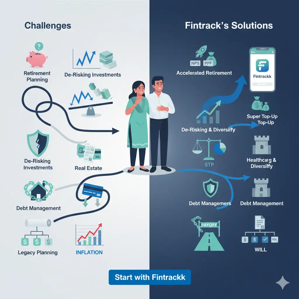 Infographic comparing Gen X financial challenges like retirement planning, debt, and inflation against Fintrackk solutions including accelerated retirement through NPS and PPF, STP de-risking, and legacy planning via Wills.
