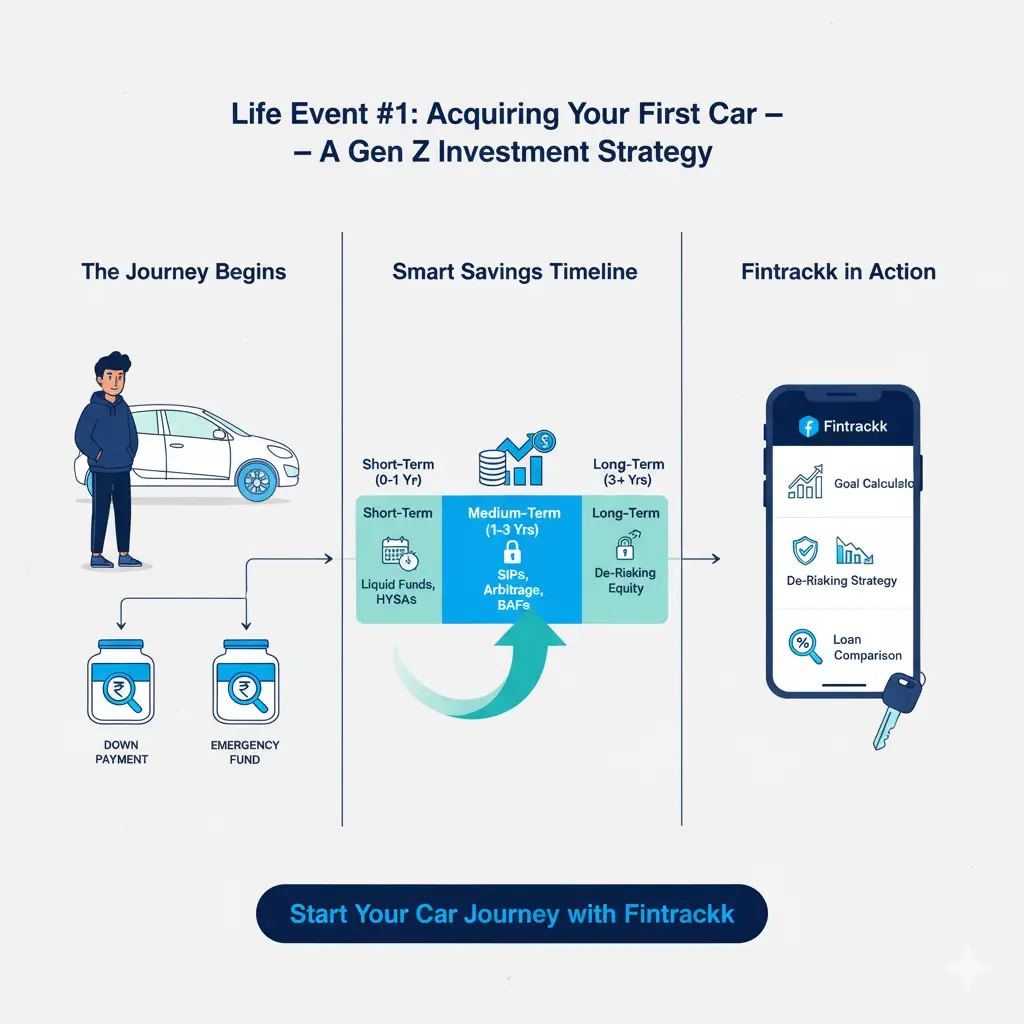 Infographic showing car purchase investment strategy for Gen Z with short, medium, and long-term fund options