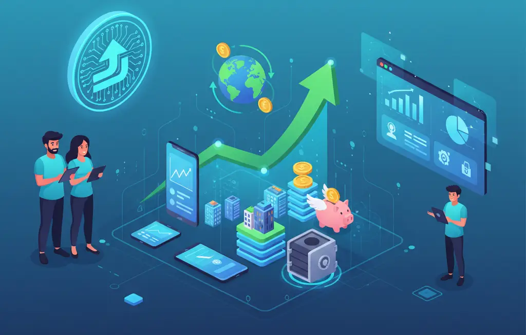 showing Gen Z investors using digital tools for high-income wealth management, featuring global growth, pigging savings with wings, and rising financial charts.