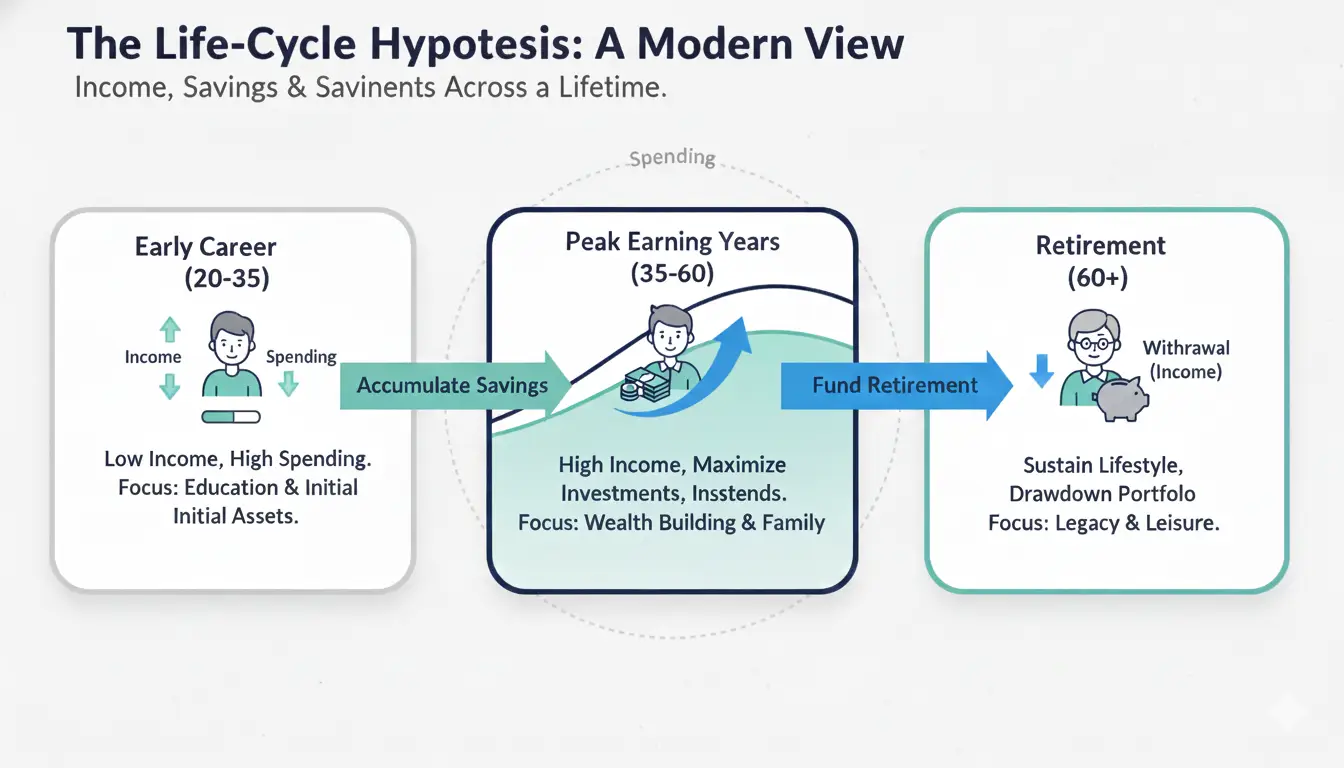Life-Cycle Hypothesis chart showing wealth accumulation and portfolio growth from age 20 to 60 plus